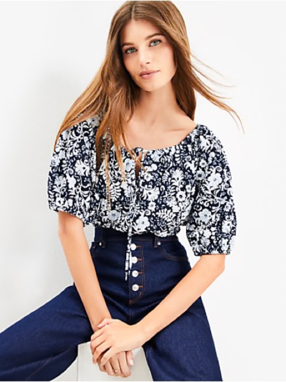 NWT LOFT Floral Tie Neck Bubble Sleeve Top